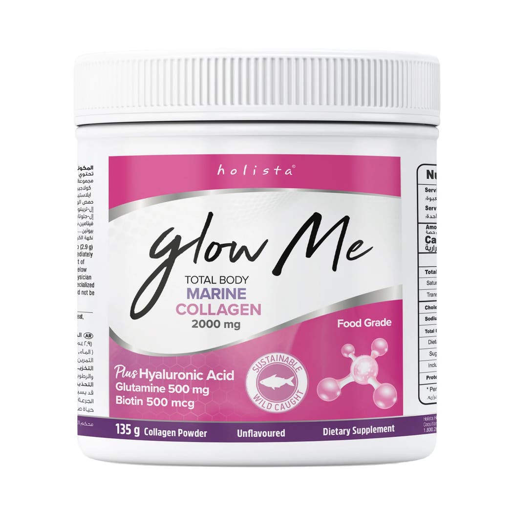 Holista Glow Me Total Body Marine Collagen supplement container on a white background